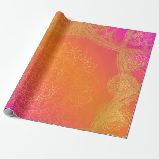 Fuchsia Roze Oranje & Gouden Indiase Mandala Feest Cadeaupapier (Uitgerold)