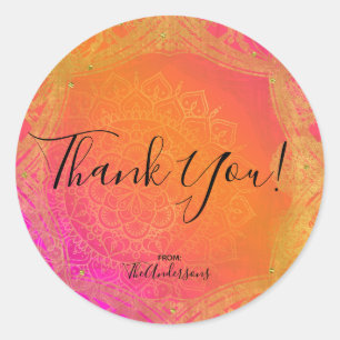 Fuchsia Roze Oranje & Gouden Indiase Mandala Feest Ronde Sticker