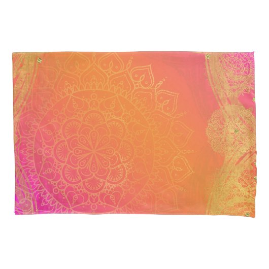 Fuchsia Roze Oranje & Gouden Indiase Mandala Glam Kussensloop (Voorkant)