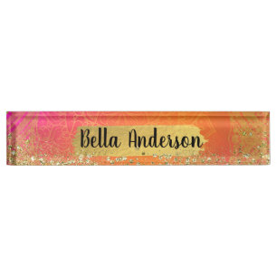 Fuchsia Roze Oranje & Gouden Indiase Mandala Glam Naambordje