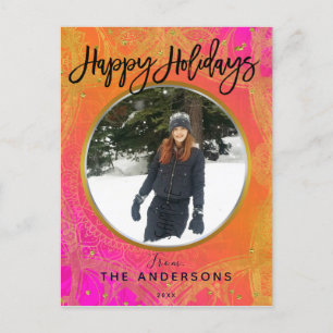 Fuchsia Roze Oranje & Gouden Mandala Vakantie Foto Feestdagenkaart