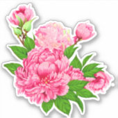 Fuchsia Roze Pioenrozen en Groene bladeren Sticker (Voorkant)