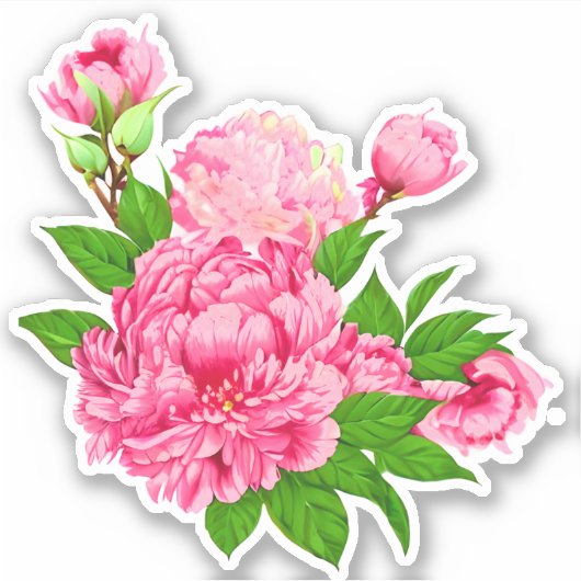 Fuchsia Roze Pioenrozen en Groene bladeren Sticker (Voorkant)