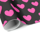 Fuchsia roze polka harten zwart cadeaupapier (Rol Hoek)