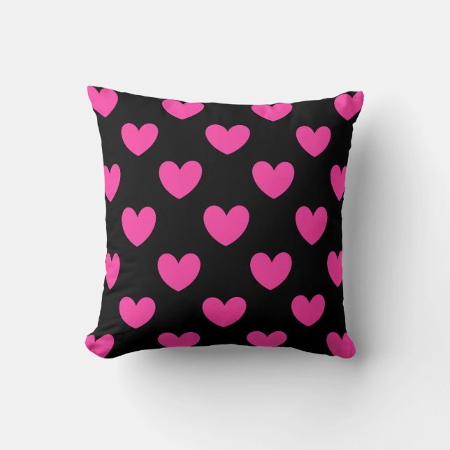 Fuchsia roze polka harten zwart kussen (Voorkant)