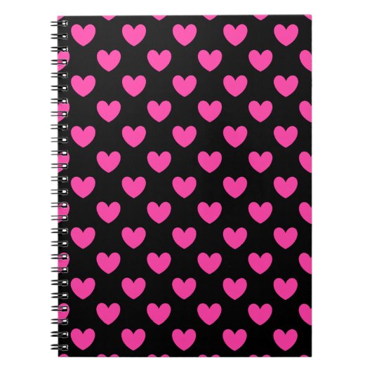 Fuchsia roze polka harten zwart notitieboek (Voorkant)