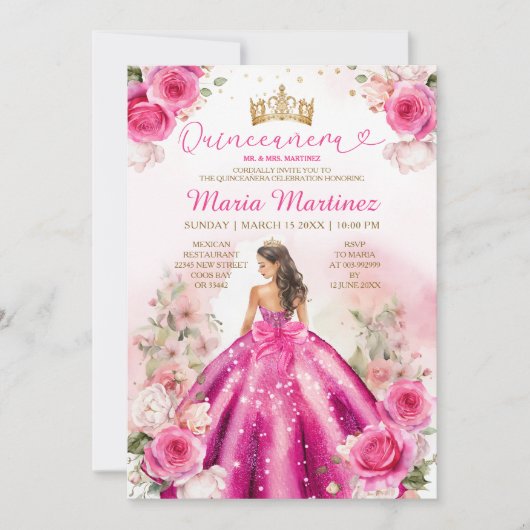 Fuchsia Roze Prinses Floral Goud Quinceañera Kaart (Voorkant)