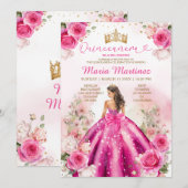 Fuchsia Roze Prinses Floral Goud Quinceañera Kaart (Voorkant / Achterkant)