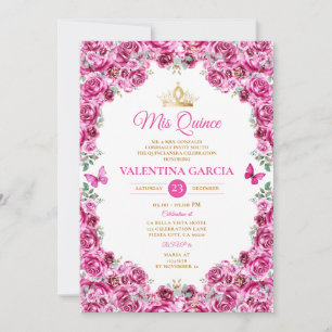 Fuchsia Roze Quinceañera 15 Anos Floral Gouden Kro Kaart