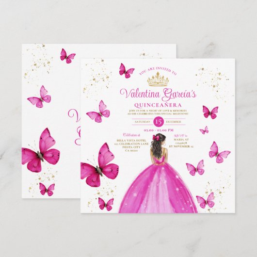 Fuchsia Roze Quinceañera 15 Anos Gouden Verjaardag Kaart (Voorkant / Achterkant)