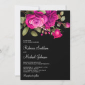 Fuchsia Roze Rozen All-in-One Zwarte Trouw Kaart (Voorkant)