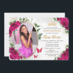 Fuchsia Roze Rozen Bloemige Quinceañera Foto Kaart<br><div class="desc">Personaliseer deze vrolijke uitnodigingskaart eenvoudig en snel, klik gewoon op de knop 'verder aanpassen' om de tekst aan te passen, lettertypen en letterkleuren te wijzigen. Met prachtige, levendige fuchsia rozen, een ruimte om uw foto toe te voegen en fuchsia en gouden vlinders. Overeenkomstige artikelen beschikbaar in de winkel. (c) Somerset...</div>
