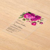 Fuchsia Roze Rozen Bruiloft Acryl Uitnodigingen (Laagn)