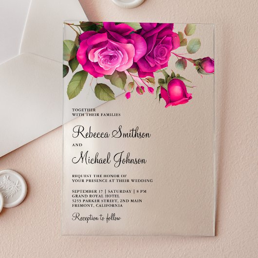 Fuchsia Roze Rozen Bruiloft Acryl Uitnodigingen