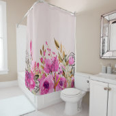 Fuchsia roze rozen en goudbladeren Kunst Douchegordijn (In situ)