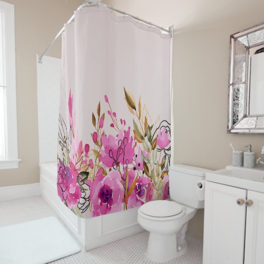 Fuchsia roze rozen en goudbladeren Kunst Douchegordijn (In situ)