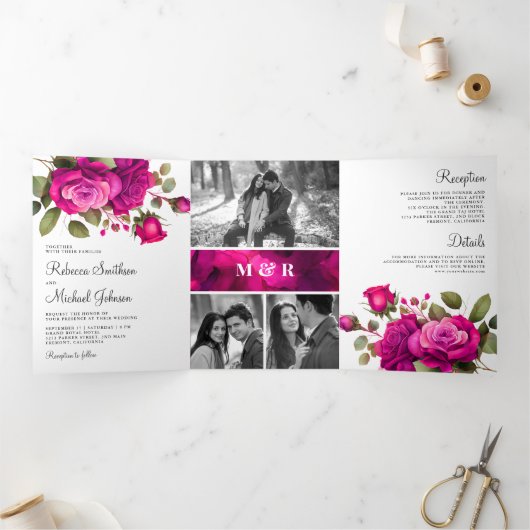 Fuchsia Roze Rozen Foto Collage Bruiloft Drieluik Uitnodiging (Binnen)
