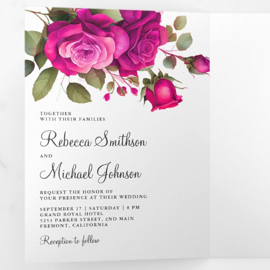 Fuchsia Roze Rozen Foto Collage Bruiloft Drieluik Uitnodiging (Binnenzijde eerst)
