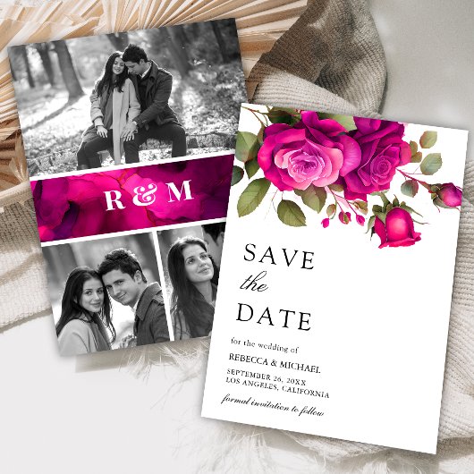 Fuchsia Roze Rozen Foto Collage Trouwdag Save The Date