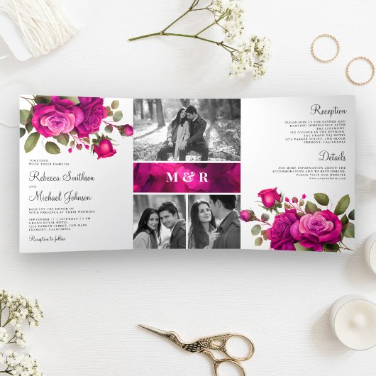 Fuchsia Roze Rozen Foto Collage Trouwen Drieluik Uitnodiging