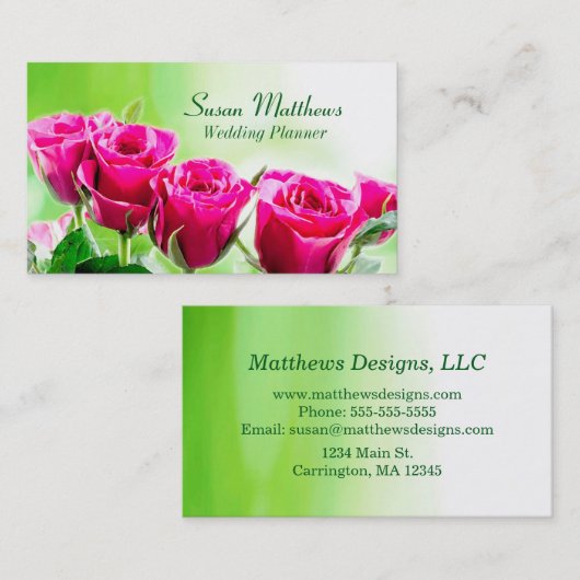 Fuchsia roze rozen op een lichtgroene achtergrond visitekaartje (Voorkant / Achterkant)