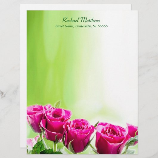 Fuchsia roze rozen op lichtgroene achtergrond persoonlijk briefhoofd (Voorkant / Achterkant)