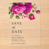Fuchsia Roze Rozen Trouw Save the Date Acryl Uitnodigingen (Voorkant)