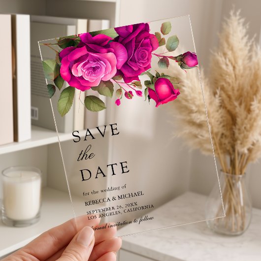 Fuchsia Roze Rozen Trouw Save the Date Acryl Uitnodigingen