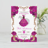 Fuchsia Roze Rozen Western Charro Quinceañera Kaart (Staand voorkant)