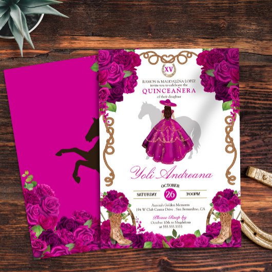 Fuchsia Roze Rozen Western Charro Quinceañera V2 Kaart