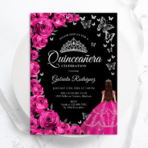 Fuchsia Roze Rozen Zilveren Vlinders Quinceanera Kaart