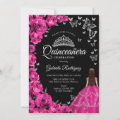 Fuchsia Roze Rozen Zilveren Vlinders Quinceanera Kaart (Voorkant)