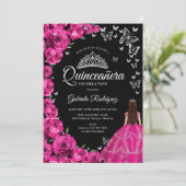 Fuchsia Roze Rozen Zilveren Vlinders Quinceanera Kaart (Staand voorkant)