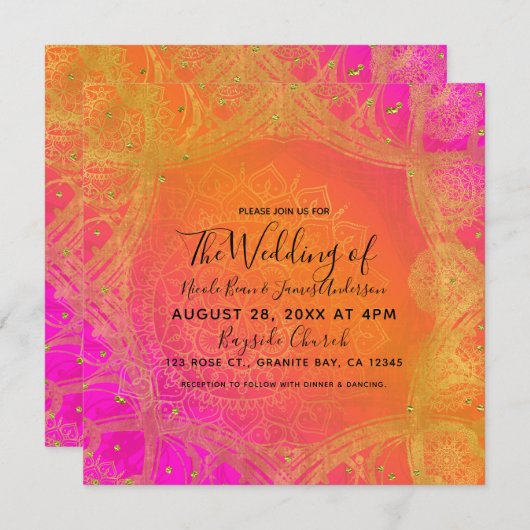 Fuchsia Roze Sinaasappel Goud Indiase Mandala Brui Kaart (Voorkant / Achterkant)