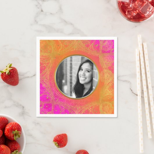 Fuchsia Roze Sinaasappel Goud Mandala FOTO Party Servetten (Insitu)