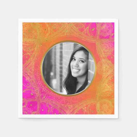 Fuchsia Roze Sinaasappel Goud Mandala FOTO Party Servetten (Voorkant)