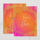 Fuchsia Roze Sinaasappel & Gouden Mandala Save the Aankondigingskaart (Voorkant / Achterkant)