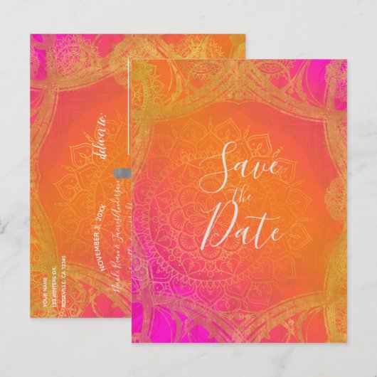 Fuchsia Roze Sinaasappel & Gouden Mandala Save the Aankondigingskaart (Voorkant / Achterkant)