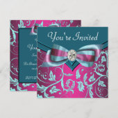 Fuchsia Roze Teal Blauwe Feest Kaart (Voorkant / Achterkant)