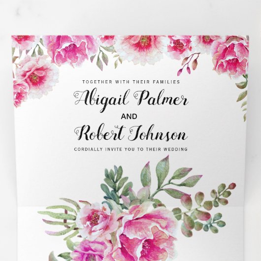 Fuchsia roze waterverf bloemenbruiloft drieluik uitnodiging (Binnenzijde eerst)