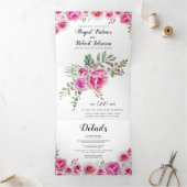 Fuchsia roze waterverf bloemenbruiloft drieluik uitnodiging (Binnen)