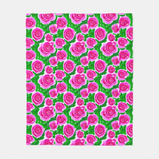 Fuchsia Roze Waterverf Rozen Fleece Deken (Voorkant)
