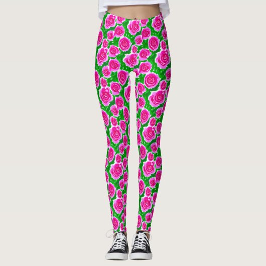 Fuchsia Roze Waterverf Rozen Leggings (Voorkant)