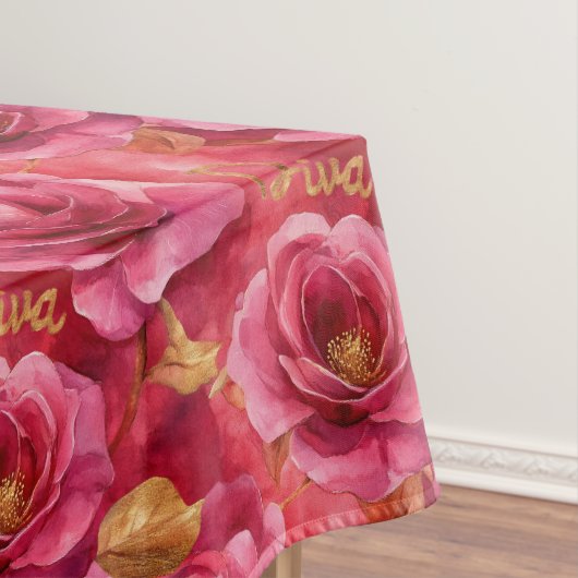 Fuchsia roze Waterverf Rozen met gouden diva Tafelkleed (Voorbeeld)