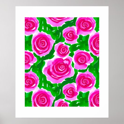 Fuchsia Roze Waterverf Rozen Poster (Voorkant)