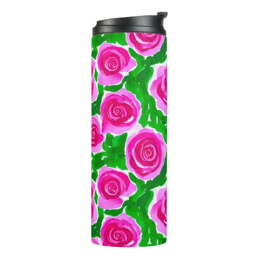 Fuchsia Roze Waterverf Rozen Thermosbeker (Gedraaid links)