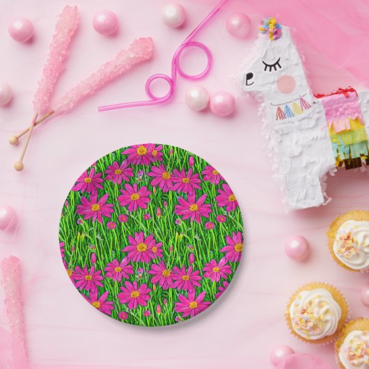 Fuchsia Roze Wildbloemen in een veld Papieren Bordje (Feest)