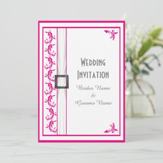 Fuchsia roze wit traditionele bruiloft kaart (Staand voorkant)