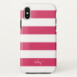 Fuchsia roze & witte streep gepersonaliseerd Case-Mate iPhone case<br><div class="desc">Chique gepersonaliseerd hoesje is voorzien van klassieke brede strepen in levendige magenta roze en wit,  met jouw naam,  monogram of favoriete zin in moderne schrift belettering. Preppy-ontwerp is perfect voor het toevoegen van zowel stijl als bescherming aan uw telefoon in een chique fuchsia roze en wit kleurenpalet.</div>