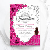 Fuchsia Roze Zilver Bloemen Quinceanera Kaart